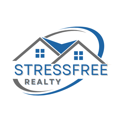 The logo for Stressfree Realty, a company that provides real estate services, featuring a stylized house design and the co...